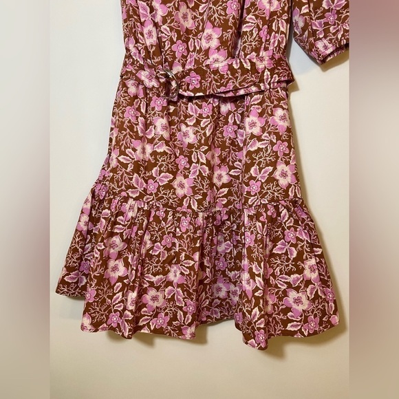 NEW Jason Wu One Shoulder Puff Sleeve Floral Belted Mini Dress Pink Tan Small - Picture 8 of 10